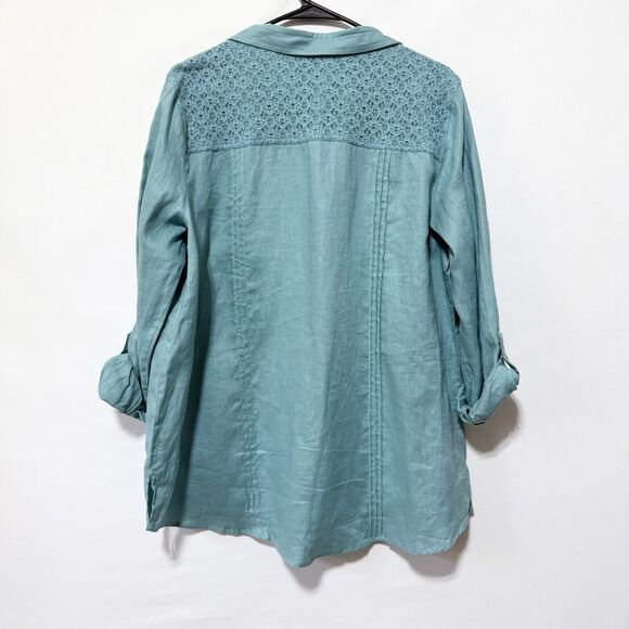 John Mark Green Linen Button Front Tunic Top L Crochet Pockets Roll Tab Sleeve - Picture 5 of 11